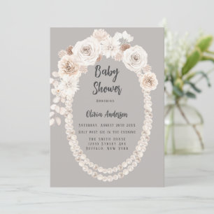 Invitation Baby shower de perles et fleurs beige et blanc