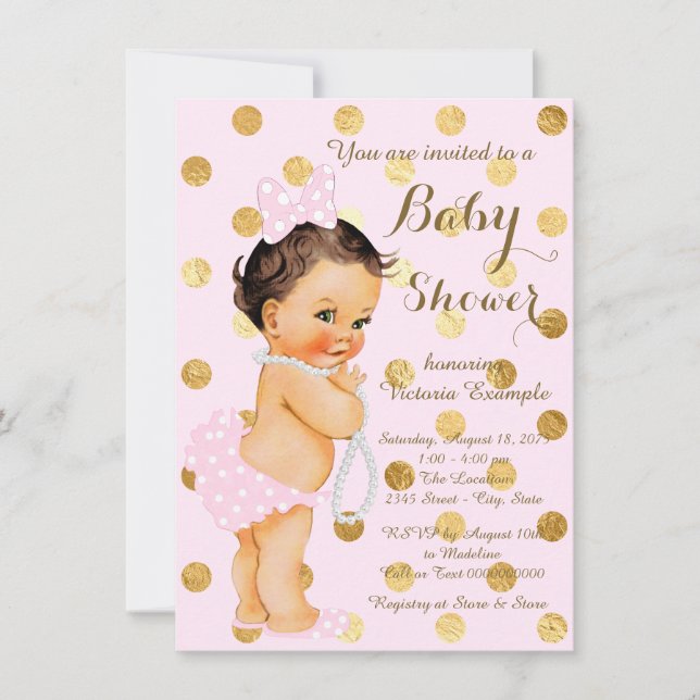 Invitation Baby shower de perles rose or pour filles (Devant)