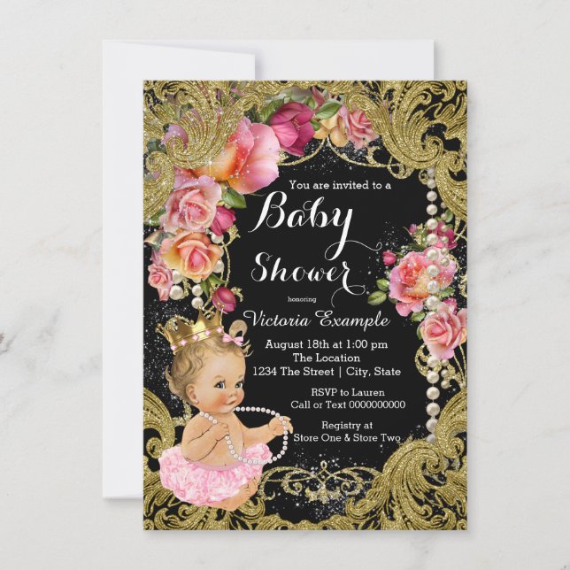 Invitation Baby shower de perles Rose rose Noir Or Chintz (Devant)