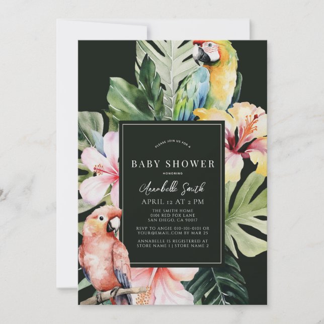 Invitation Baby shower de perroquets tropicaux floraux et bot (Devant)