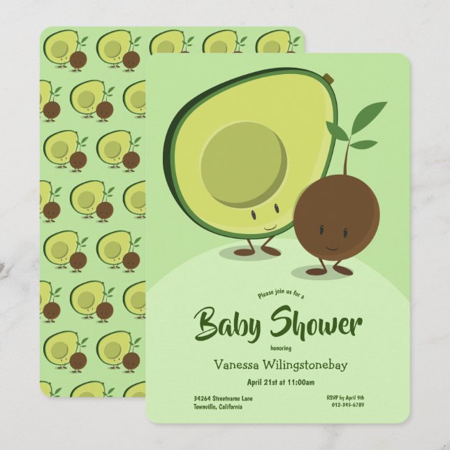 Invitation Baby shower de personnage de dessin animé Avocado  (Devant / Derrière)