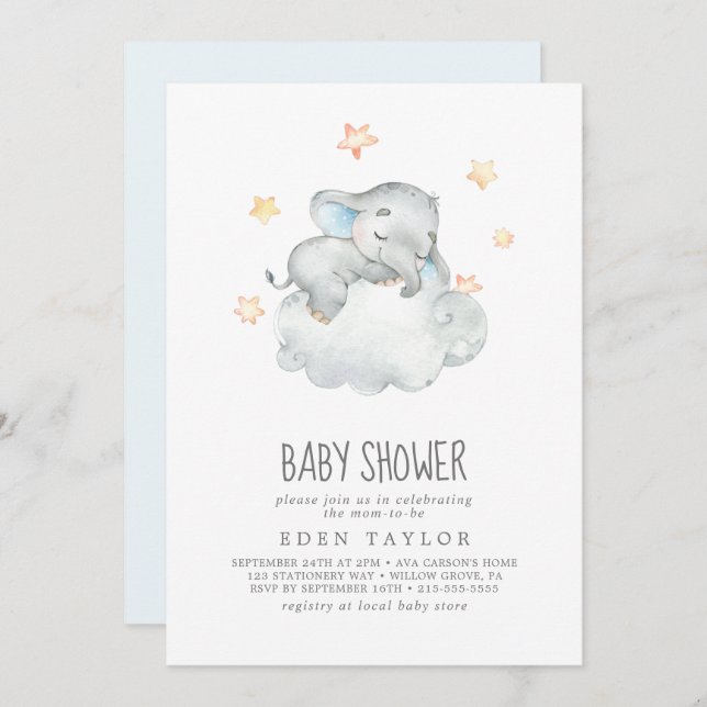 Invitation Baby shower de petit éléphant dormant (Devant / Derrière)