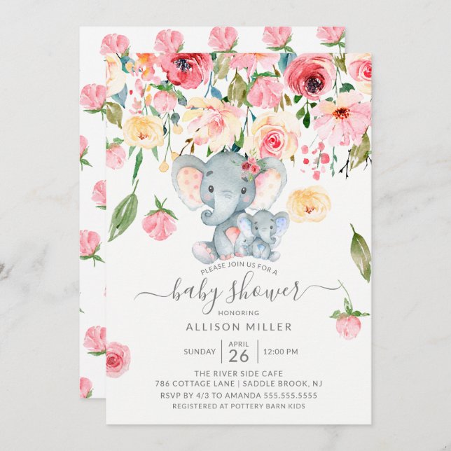 Invitation Baby shower de petit éléphant et maman rose des pi (Devant / Derrière)