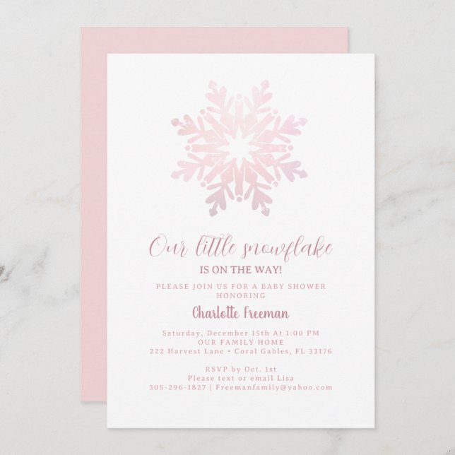 Invitation Baby shower de petit flocon rose (Devant / Derrière)