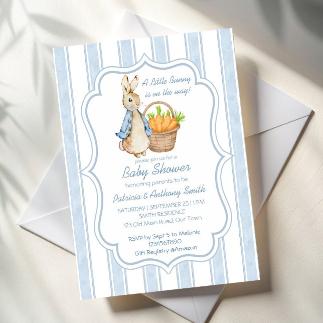 Invitation Baby shower de petit garçon Peter lapin (Peter rabbit dusty blue stripes vintage baby boy baby shower invitation cards template digital)