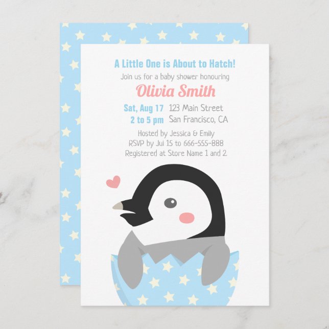 Invitation Baby shower de petit pingouin à l'éclos (Devant / Derrière)