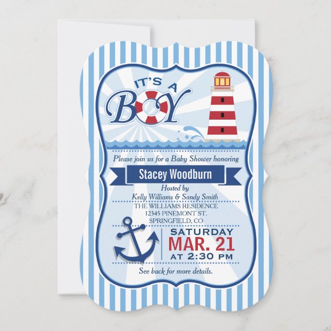 Invitation Baby shower de phare bleu, blanc et bleu marine (Devant)