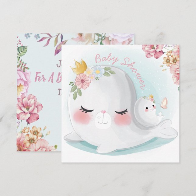 Invitation Baby shower de phoques (Devant / Derrière)