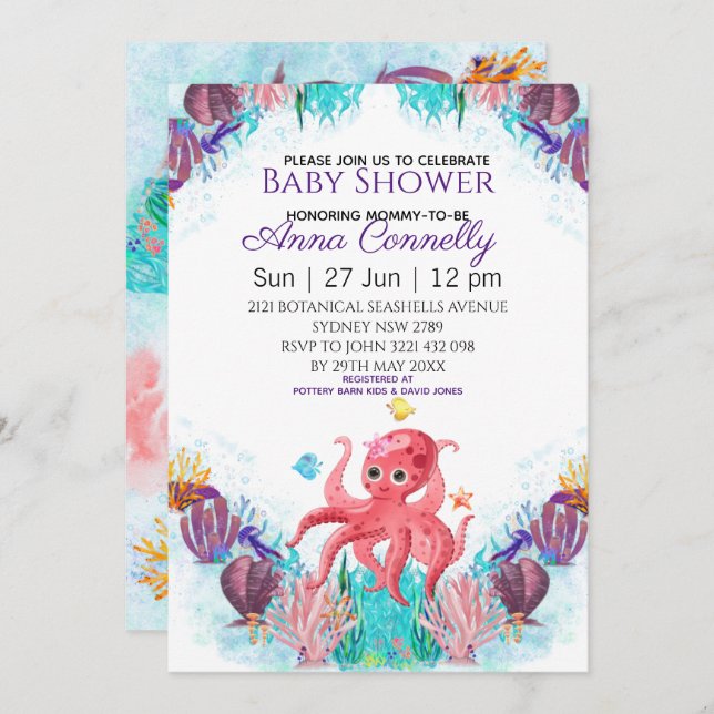 Invitation Baby shower de pieuvre rose couleur de la mer océa (Devant / Derrière)