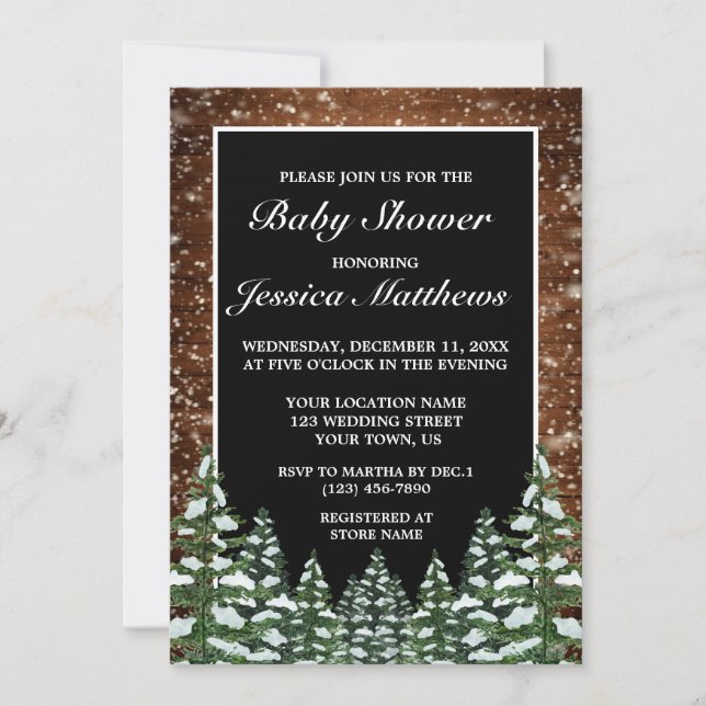 Invitation Baby shower de pin de bois et de pin de neige noir (Devant)