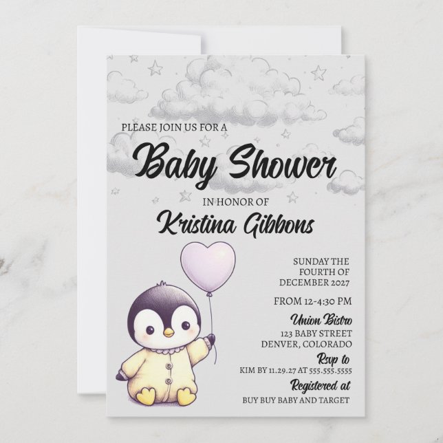 Invitation Baby shower de pingouin (Devant)
