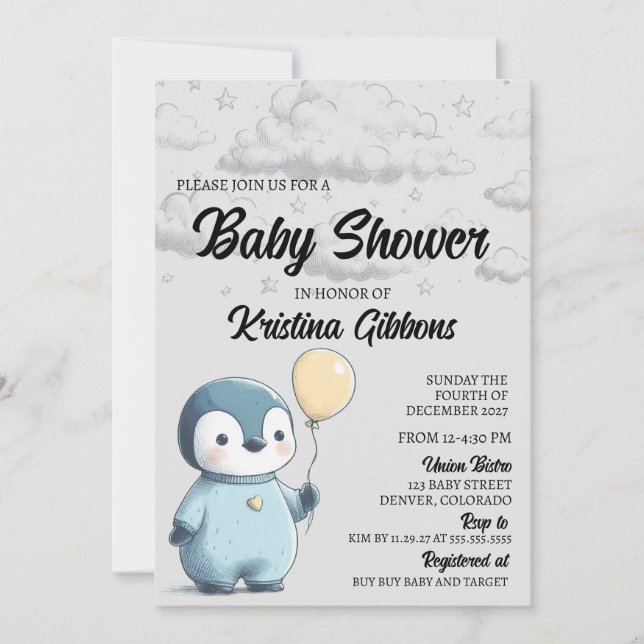 Invitation Baby shower de pingouin (Devant)