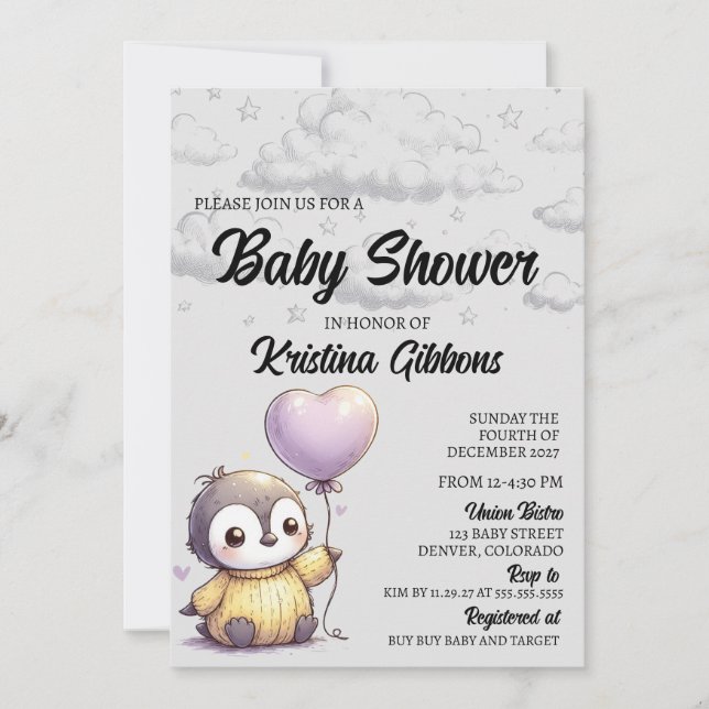 Invitation Baby shower de pingouin (Devant)