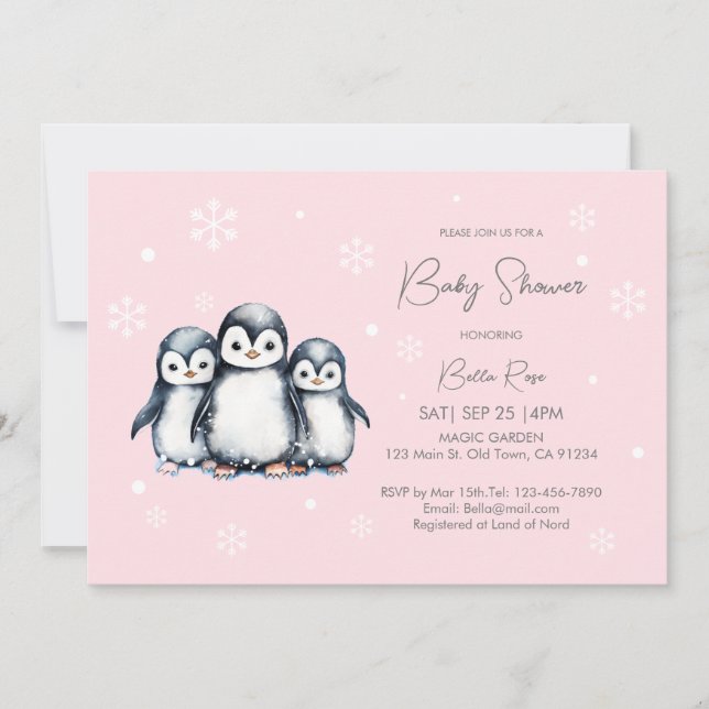 Invitation Baby shower de pingouin aux flocons de neige migno (Devant)