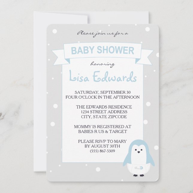 Invitation Baby shower de pingouin bleu bébé (Devant)