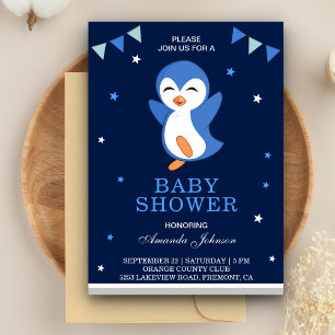 Invitation Baby shower de pingouin bleu mignon