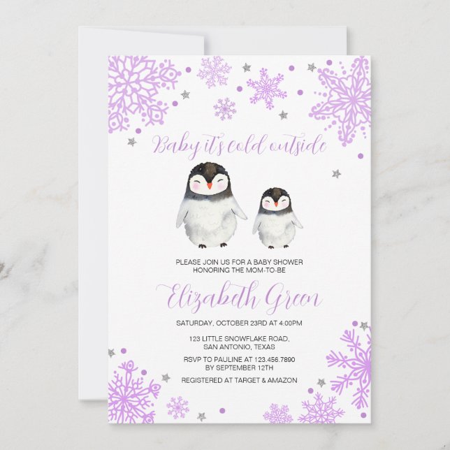 Invitation Baby shower de pingouin de flocons de neige violet (Devant)