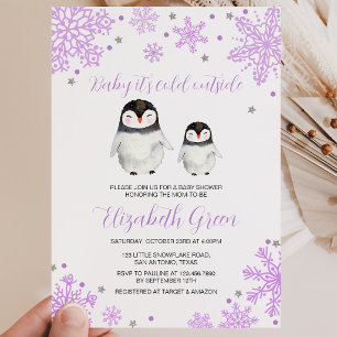Invitation Baby shower de pingouin de flocons de neige violet