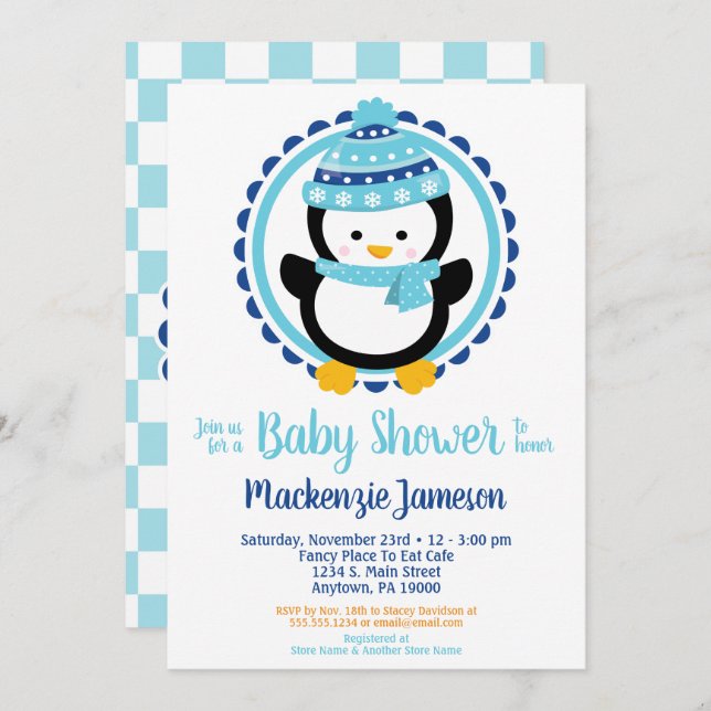 Invitation Baby shower de pingouin d'hiver (Devant / Derrière)