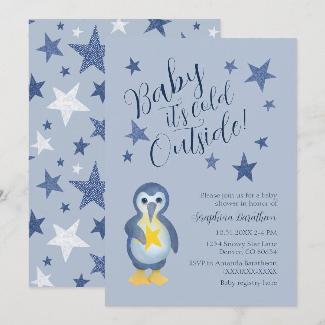 Invitation Baby shower de pingouin d'hiver Blue Stars (Devant / Derrière)