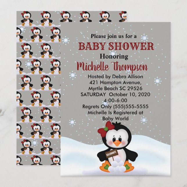 Invitation Baby shower de pingouin d'hiver mignon/Invitation  (Devant / Derrière)