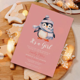 Invitation Baby shower de pingouin d'hiver rose