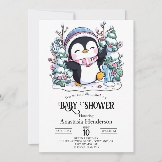 Invitation Baby shower de pingouin élégant en hiver (Devant)