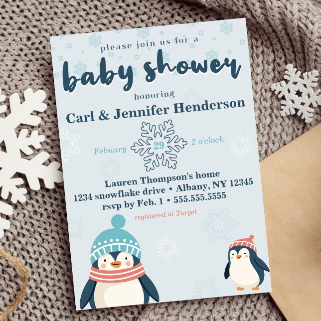 Invitation Baby shower de pingouin moelleux hivernal (cute winter baby shower penguin and snowflake design gender neutral for boy or girl blue cozy animal)