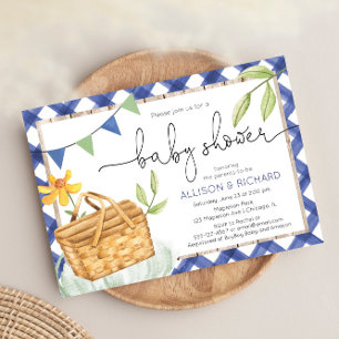 Invitation Baby shower de pique-nique en vichy bleu Pique-niq