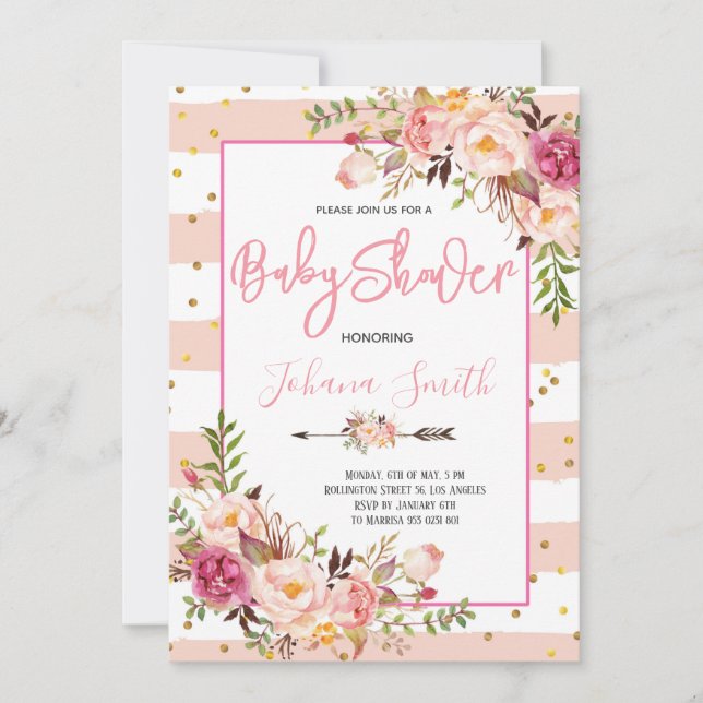 Invitation Baby shower de pivoine florale rose (Devant)