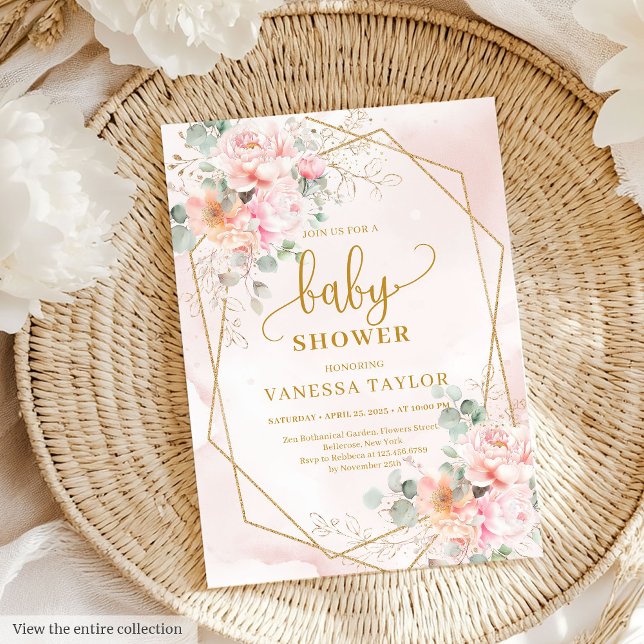 Invitation Baby shower de pivoines en or rose pâle (Whimsical boho pale pink gold peonies baby shower Invitation)