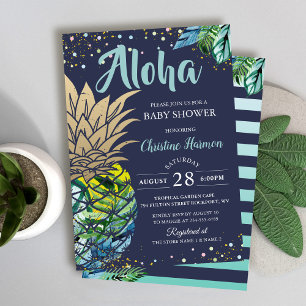 Invitation Baby shower de plage Blue Tropical Pineappy Beach