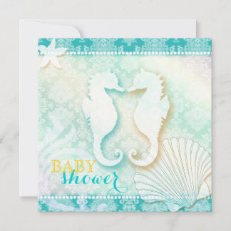Invitation Baby shower de plage Damask Sea Horse