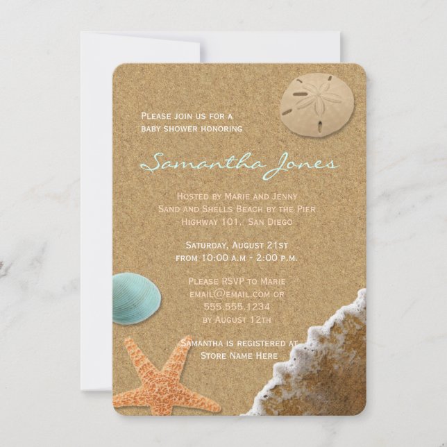 Invitation Baby shower de plage de sable et de coquillages In (Devant)