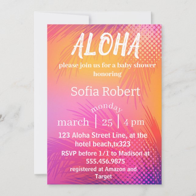 Invitation baby shower de plage de sunset aloha (Devant)