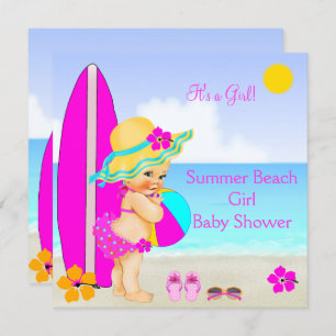 Invitation Baby shower de plage Girl rose Turquoise bleu Sunh