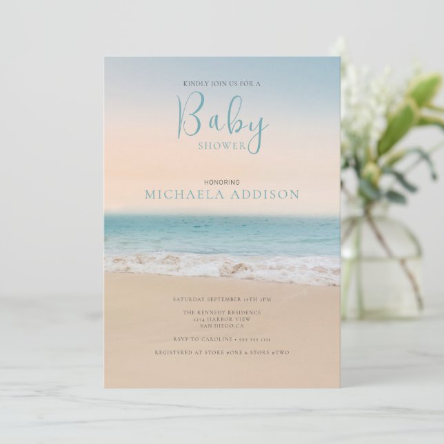 Invitation Baby shower de plage moderne Neutre genre (Debout devant)