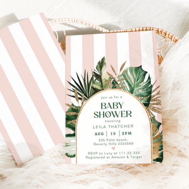 Invitation Baby shower de plage rétro à rayures roses (Créateur téléchargé)