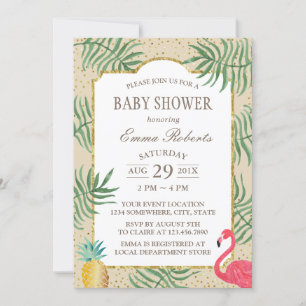 Invitation Baby shower de plage Tropical Ananas & Flamant ros