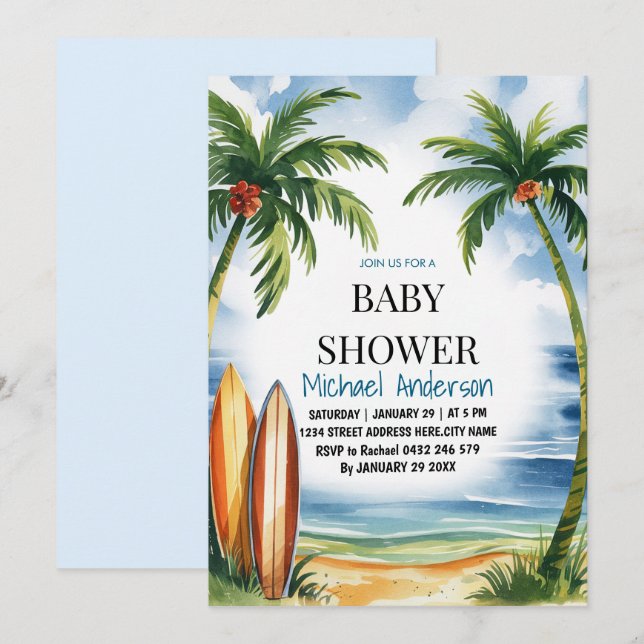 Invitation Baby shower de plage tropicale branchée (Devant / Derrière)