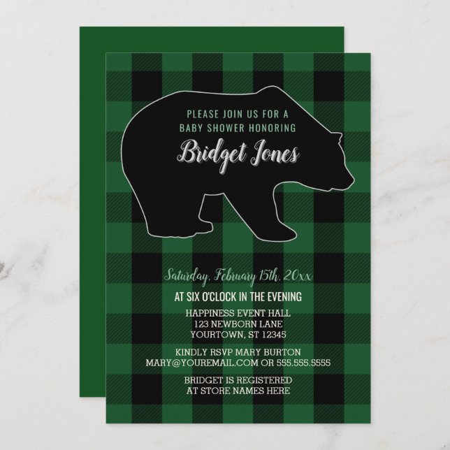Invitation Baby shower de plaid de bûcheron d'ours de forêt (Devant / Derrière)