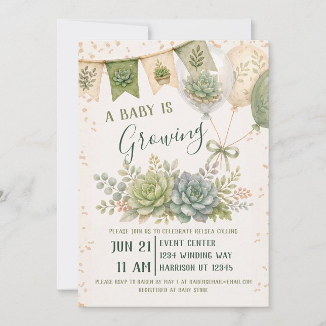 Invitation Baby Shower de plantes grasses (Devant)
