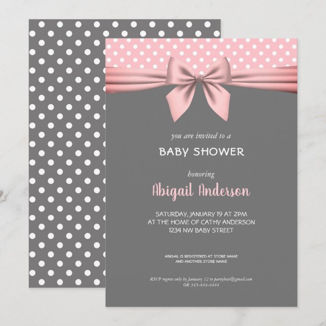 Invitation Baby shower de plongée rose et gris Polka (Devant / Derrière)
