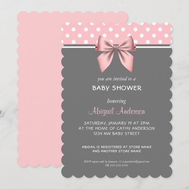Invitation Baby shower de plongée rose pâle et gris Polka (Devant / Derrière)