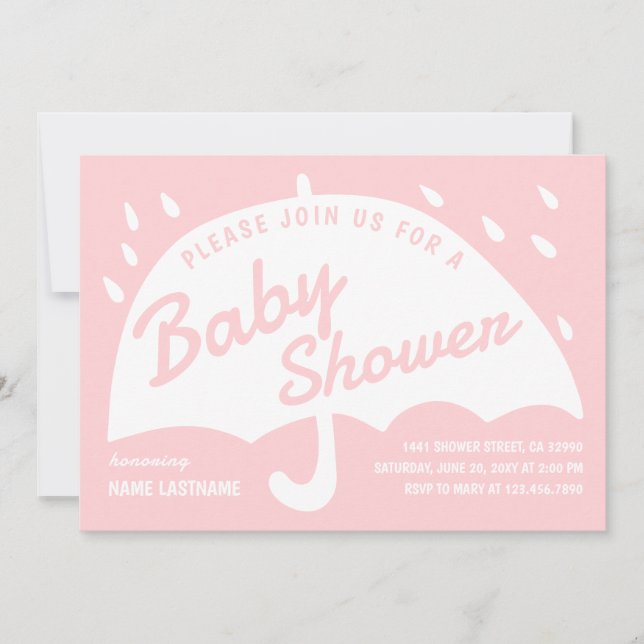 Invitation Baby shower de pluie simple rose blanc parapluie m (Devant)