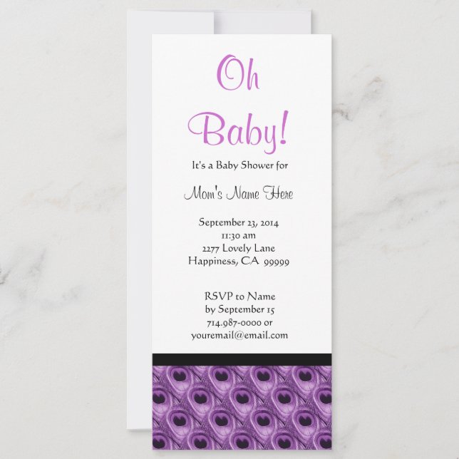 Invitation Baby shower de plumes de paon mauve et blanc (Devant)