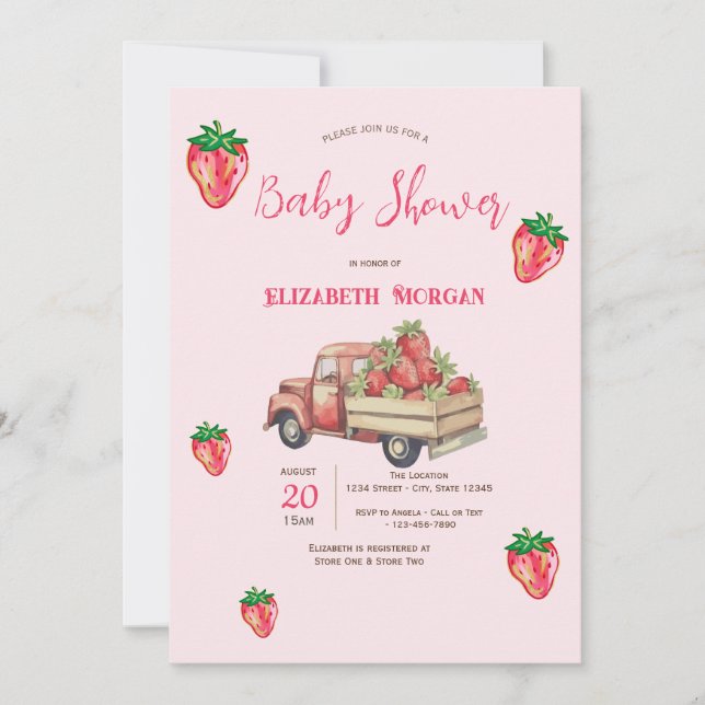 Invitation Baby shower de points de camion de fraises mignonn (Devant)