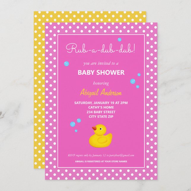 Invitation Baby shower de Pois de canard jaune et rose (Devant / Derrière)