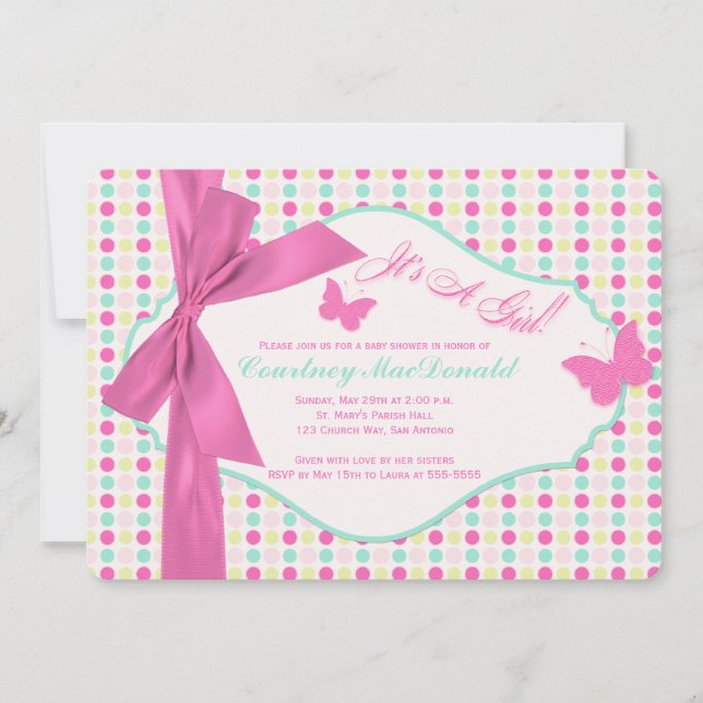 Invitation Baby shower de Pois IMPRIMÉS BOW/Ribbon Hot Pink (Devant)