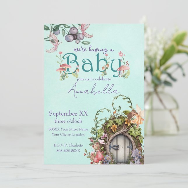 Invitation Baby shower de porte de jardin arboré arboré encha (Debout devant)